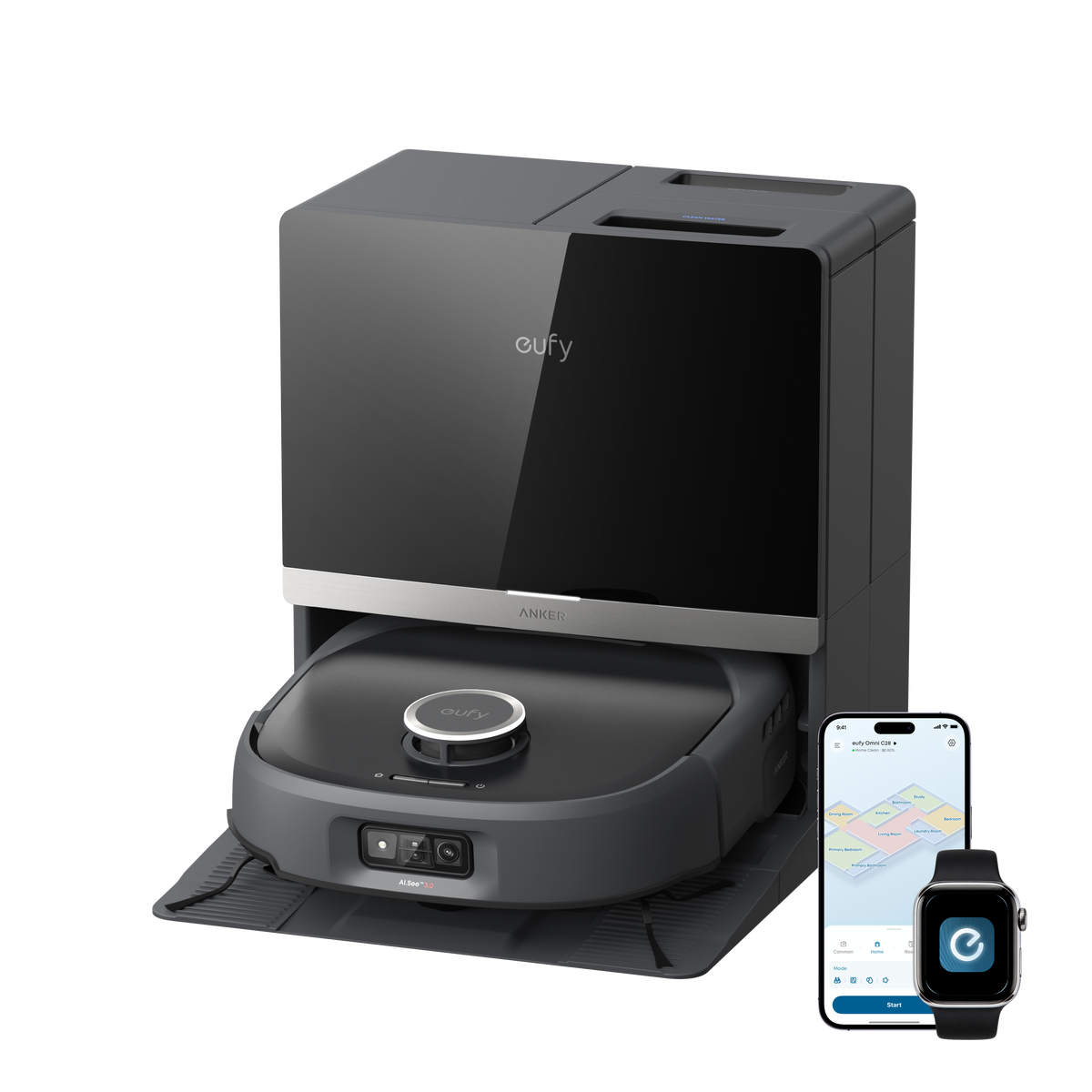 eufy Omni E35 Robot Vacuum and Mop with ThermoClean Station - Black - front view