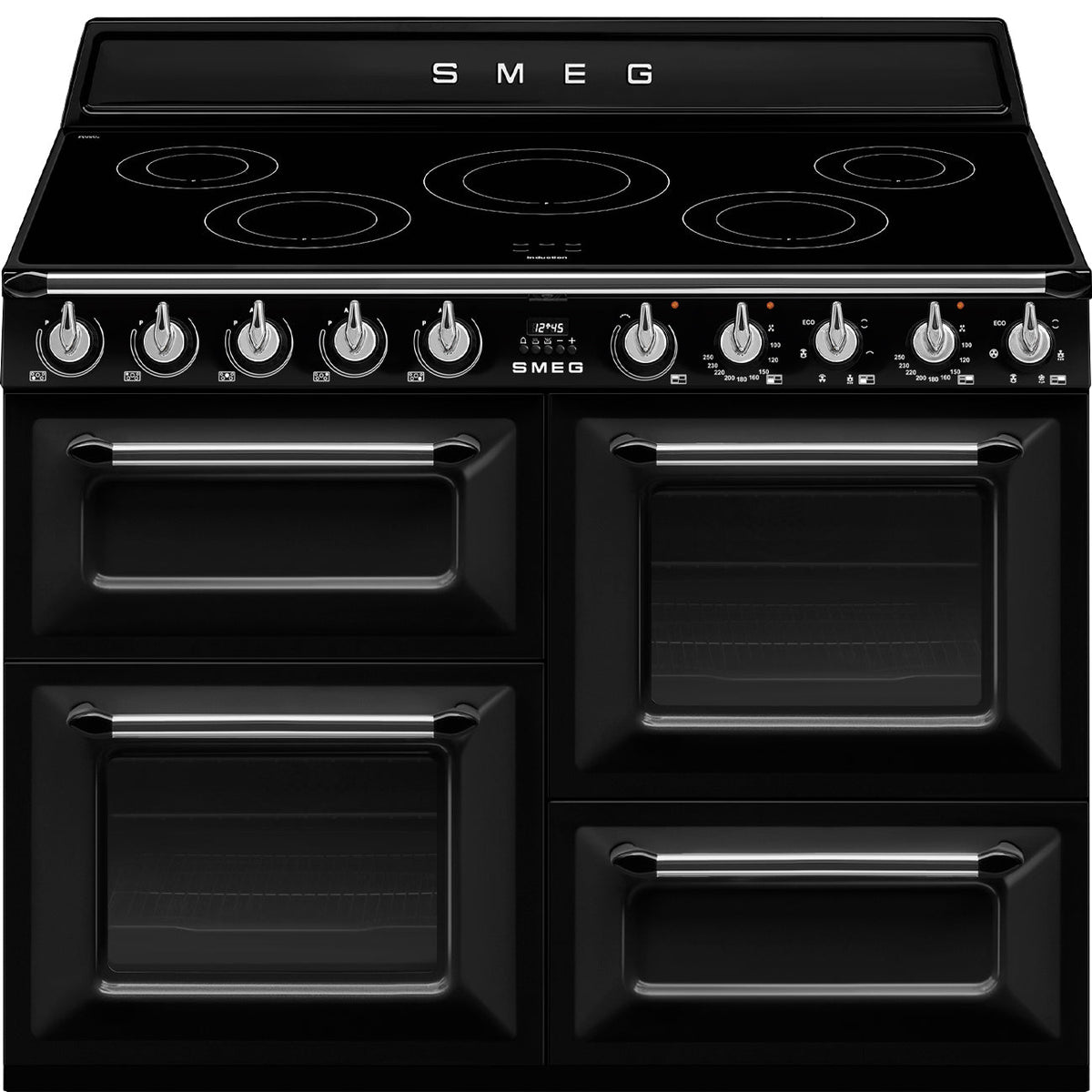 Smeg Victoria 110cm Induction Range Cooker with 3 Ovens - Black - front view