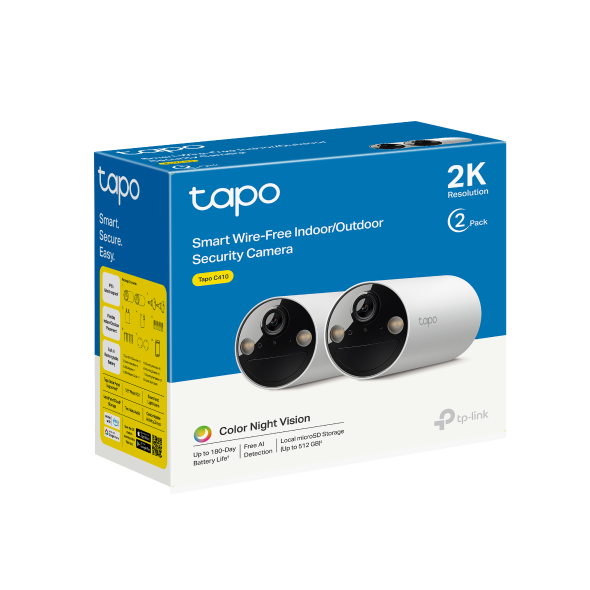 Tapo C410 wire-free indoor/outdoor security camera, 2-pack retail packaging box showing two units