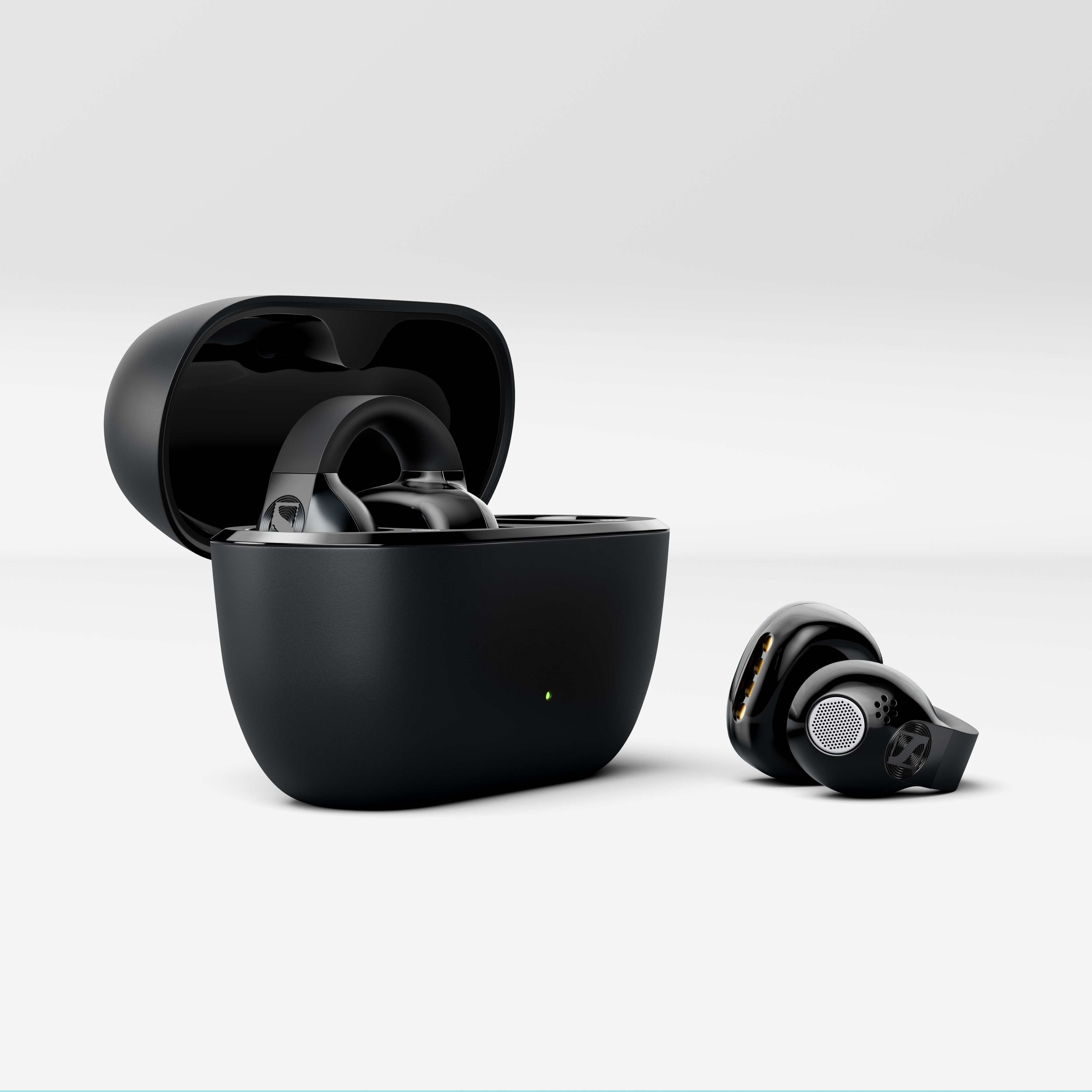 Sennheiser ACCENTUM Clip Open-Ear Earphones Black — case and earbuds, studio angle