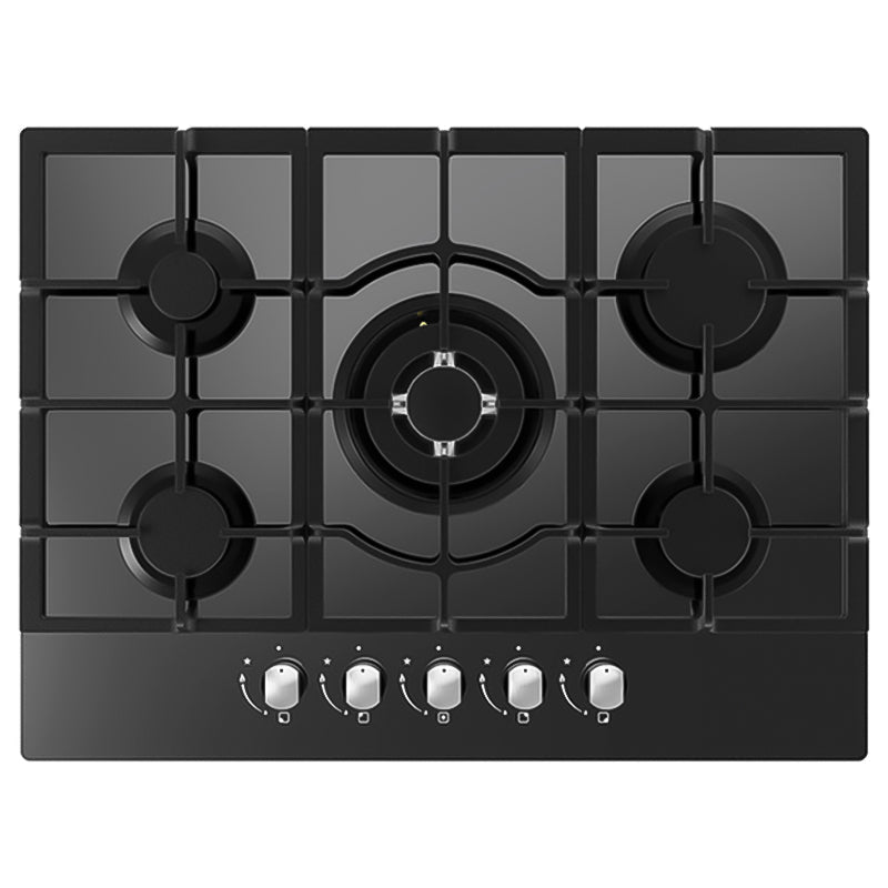 Cata 70cm 5 Burner Gas on Glass Hob - Black - top view