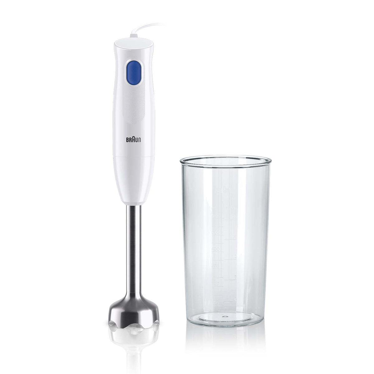 Braun MultiQuick 1 Hand Blender - White - front view with beaker