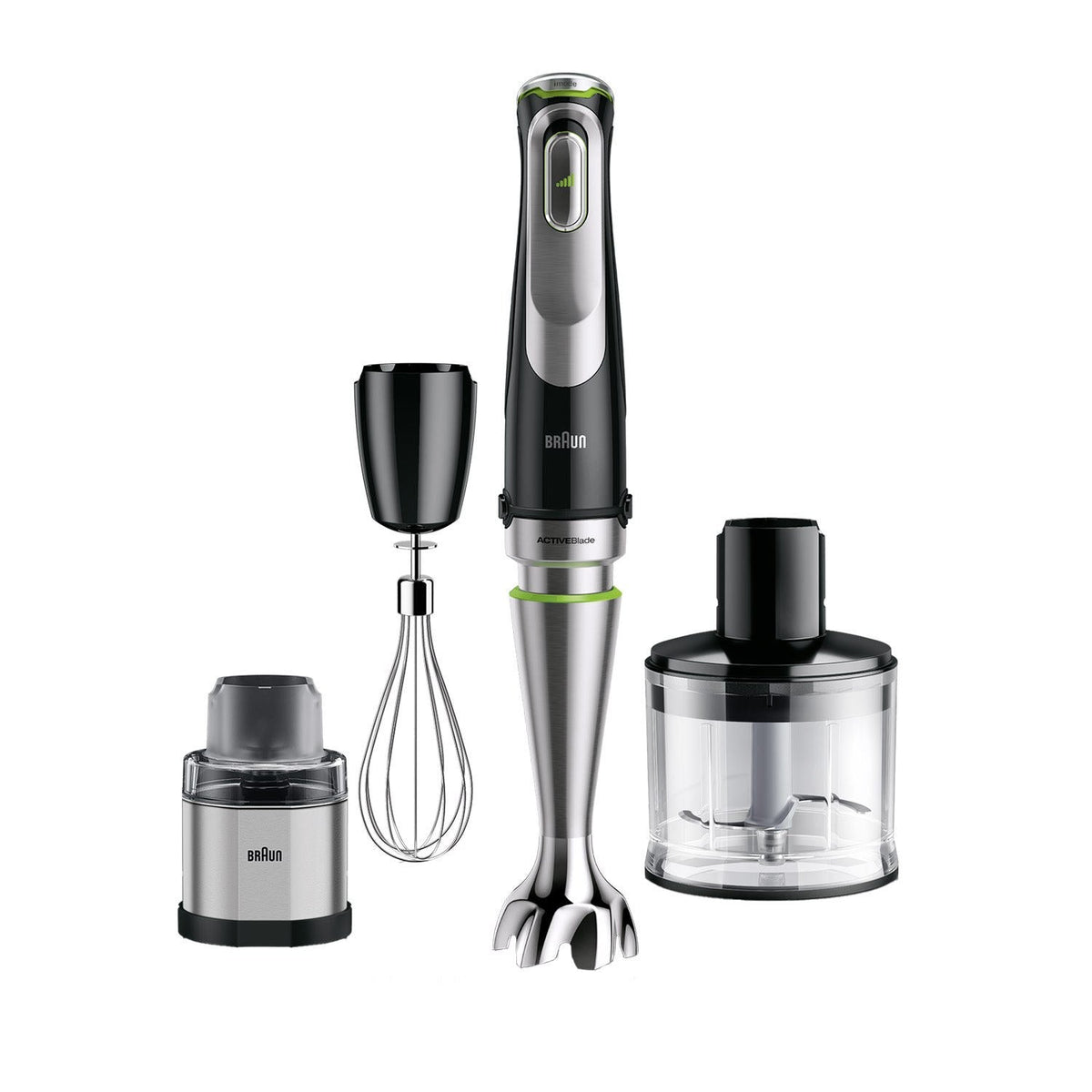 Braun MultiQuick 9 Hand Blender - Black - front view with attachments