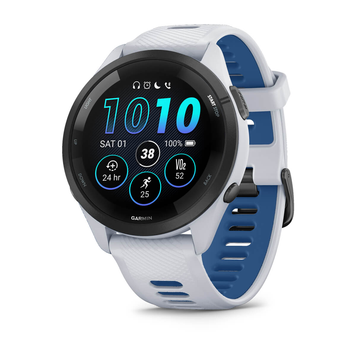 Garmin Forerunner 265 Music GPS Running Smartwatch - front view , screen on