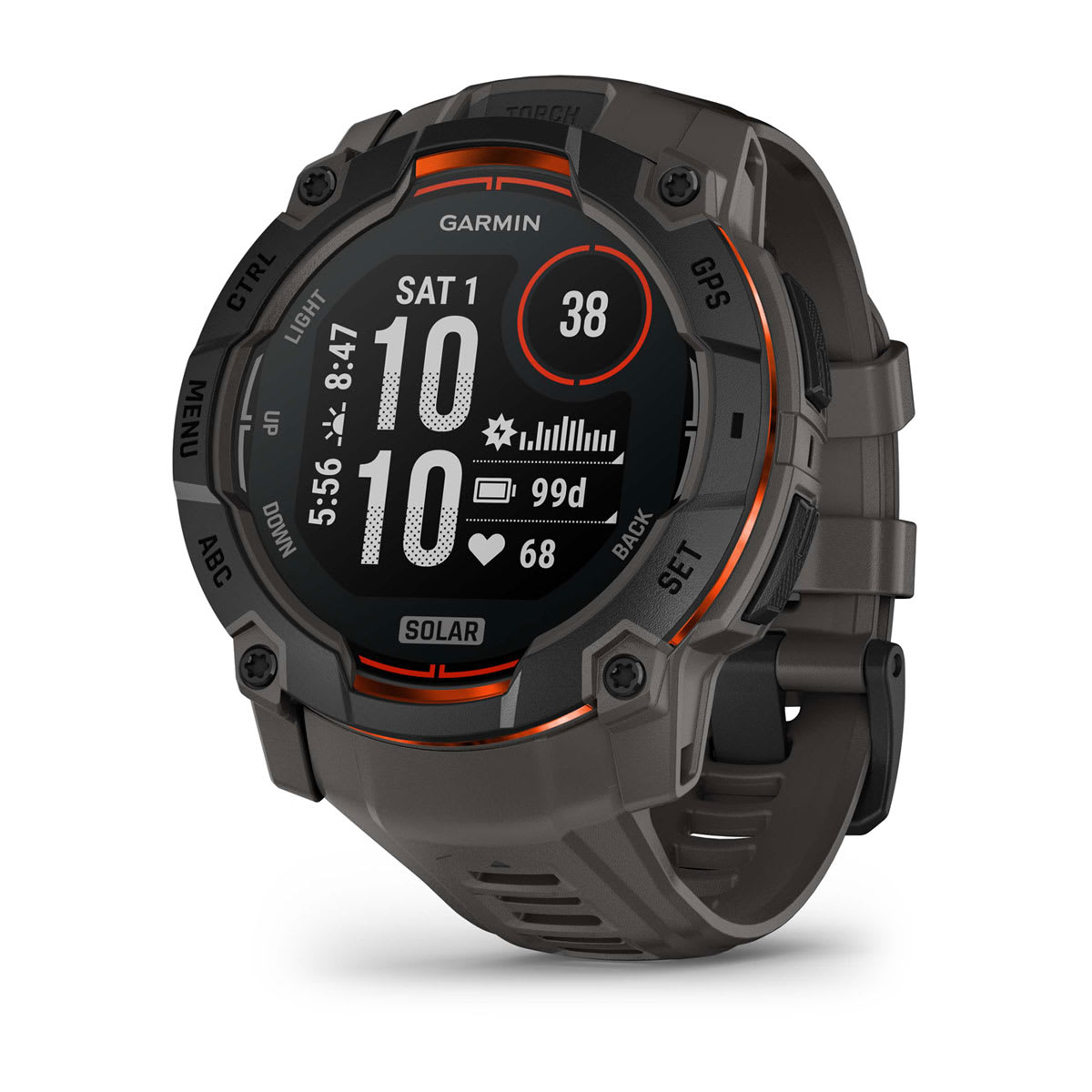 Garmin Instinct 3 50mm Solar Rugged GPS Smartwatch - front view , screen on