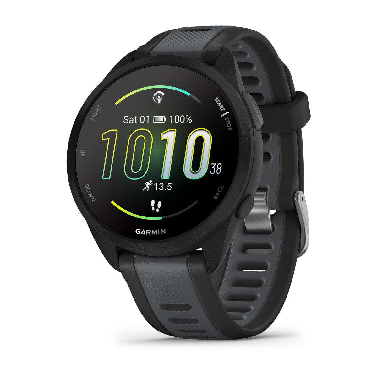 Garmin Forerunner 165 GPS Running Smartwatch - front view , screen on
