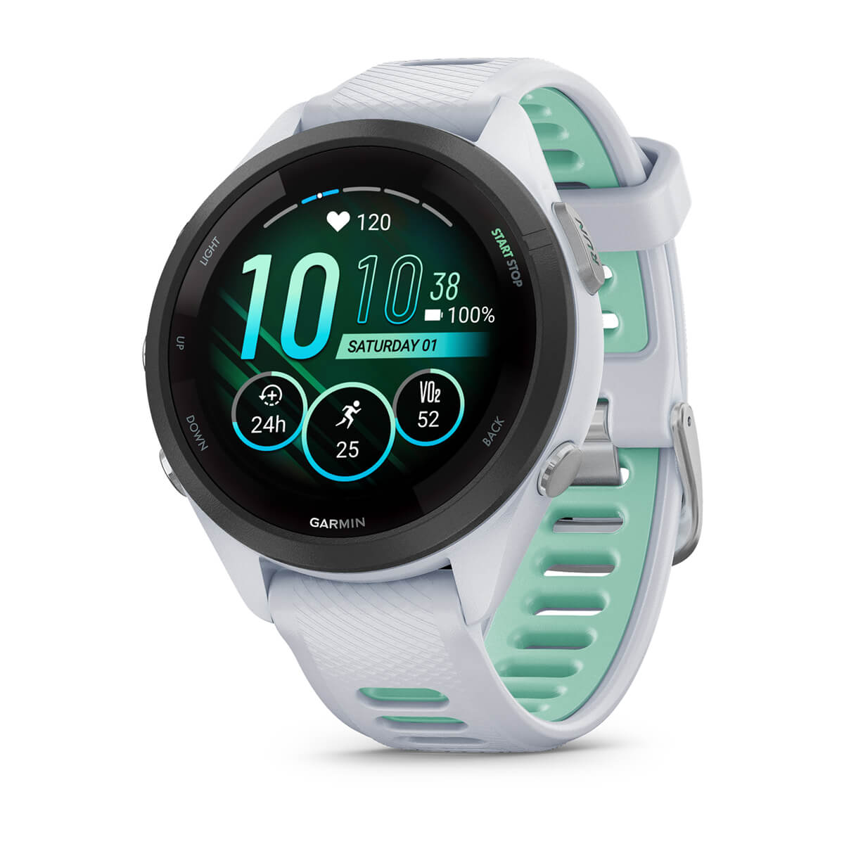 Garmin Forerunner 265S Music GPS Running Smartwatch - front view , screen on
