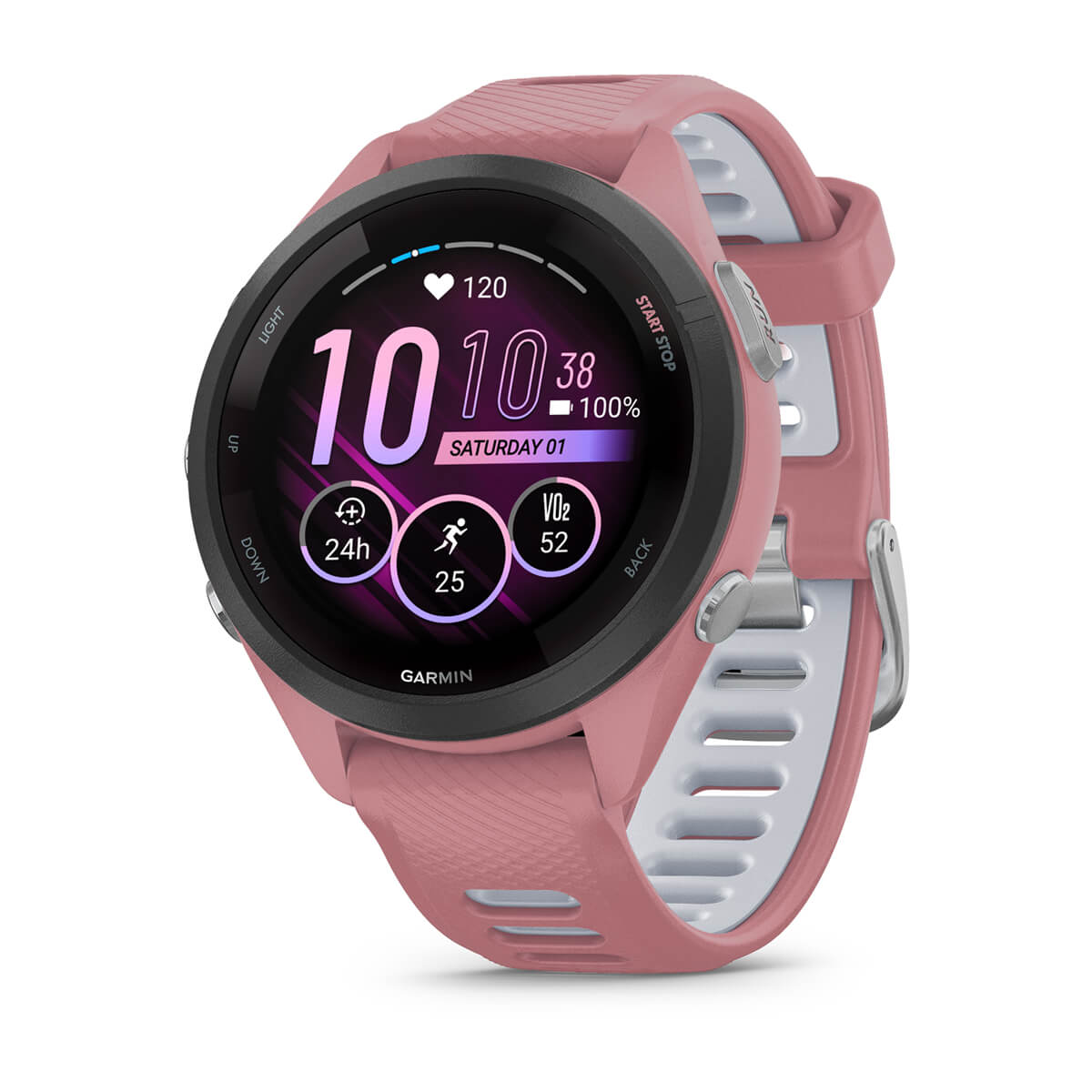 Garmin Forerunner 265S Music GPS Running Smartwatch - front view , screen on