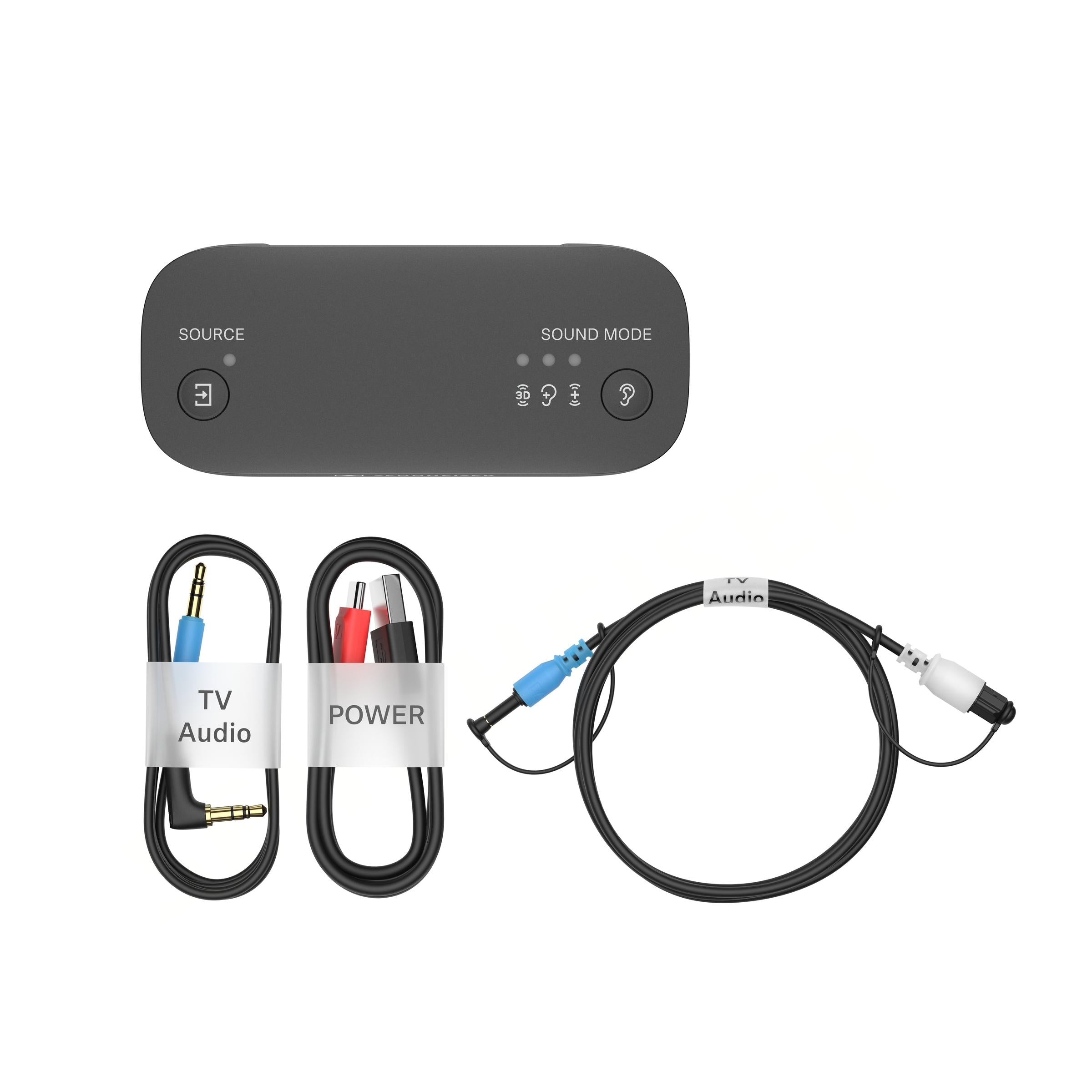 Sennheiser BTA 1 TV Bluetooth Transmitter Black — accessories flat-lay with TV Audio and Power cables