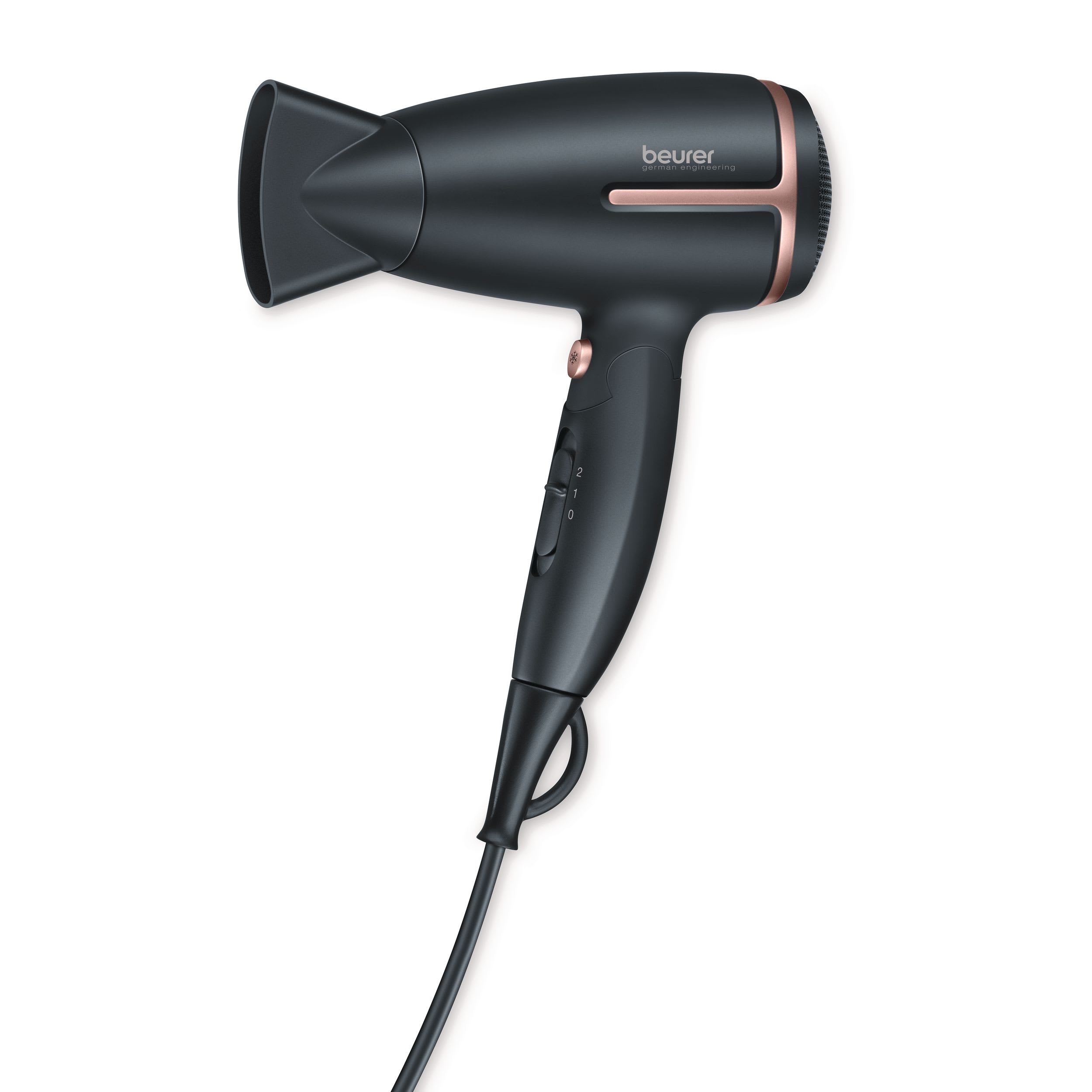 Beurer HC 25 Travel Hair Dryer with Ion, studio shot showing black and rose-gold folding dryer