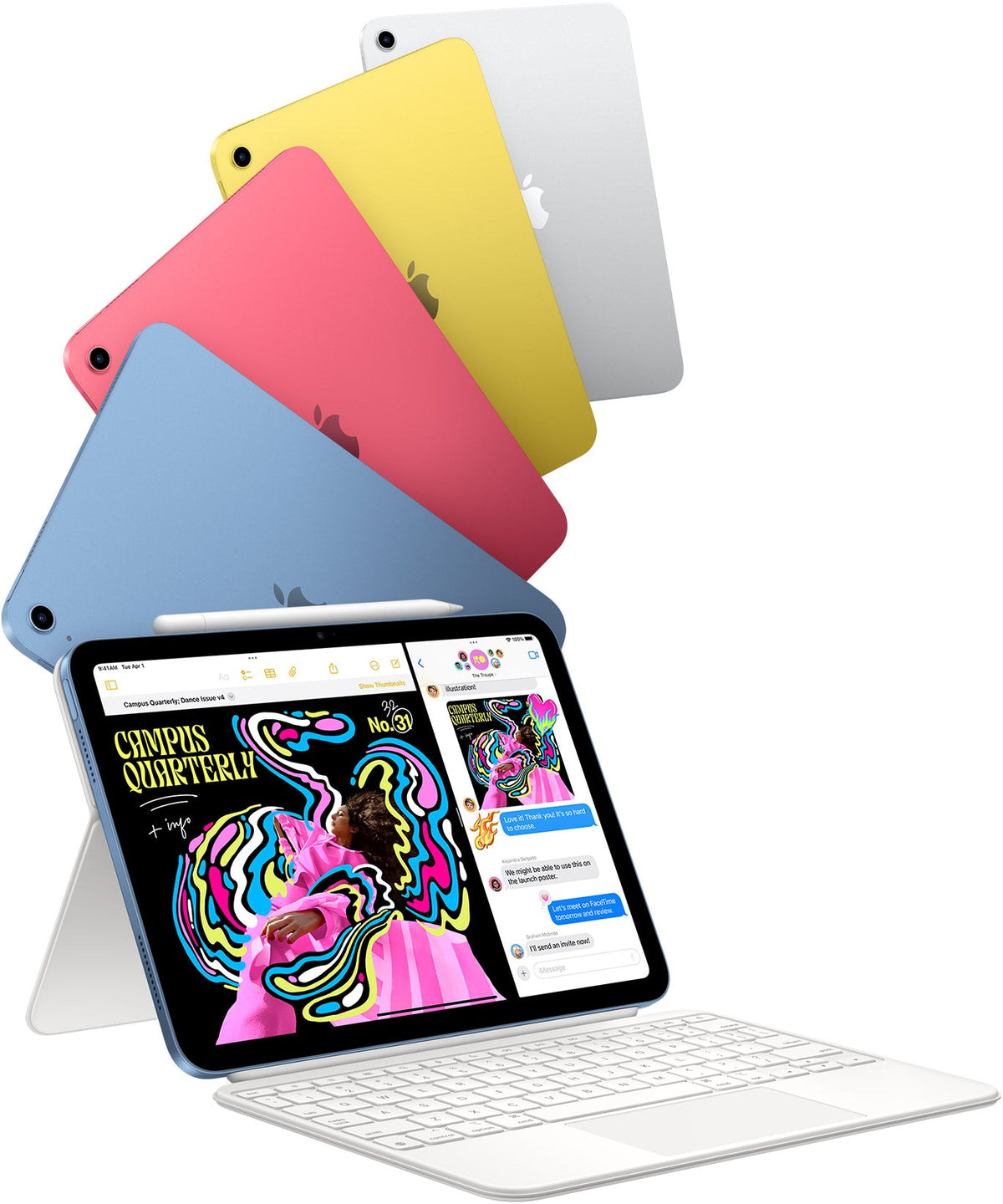 Apple iPad 11" (A16) 128GB Wi-Fi Tablet - Pink - colour line-up fanned behind an iPad on Magic Keyboard Folio