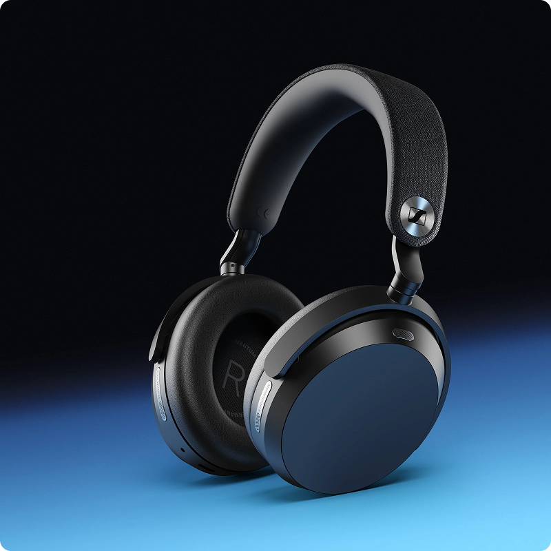 Sennheiser MOMENTUM 5 Wireless Headphones Denim — three-quarter view on blue gradient
