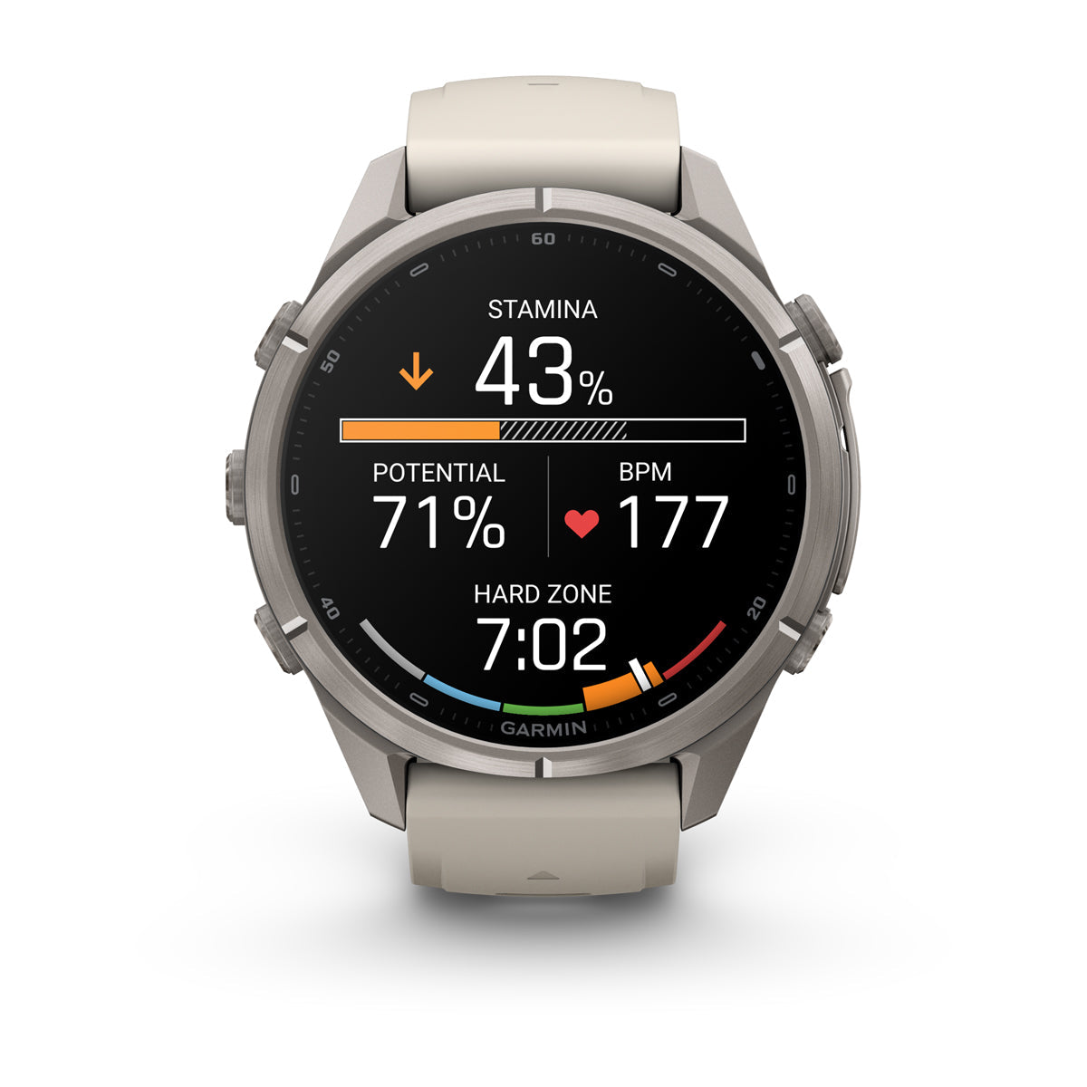 Garmin fenix 9 Pro inReach 43mm AMOLED Sapphire GPS Smartwatch - front view with data screen