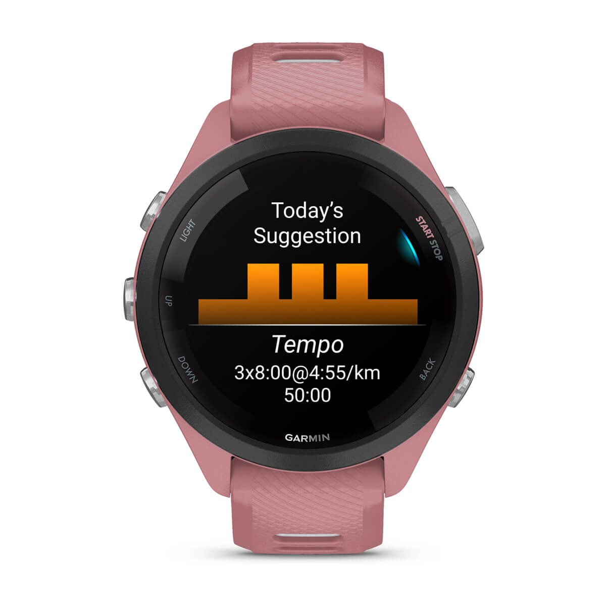 Garmin Forerunner 265S Music GPS Running Smartwatch - front view, display screen feature