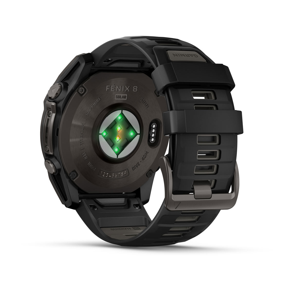 Garmin fenix 8 51mm Solar Sapphire GPS Smartwatch - back view, heart-rate sensor