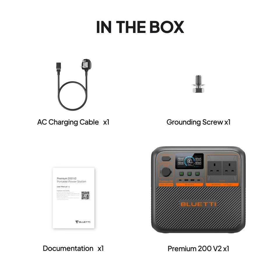 BLUETTI Premium 200 V2 2,073.6Wh 2,700W Portable Power Station - what's in the box