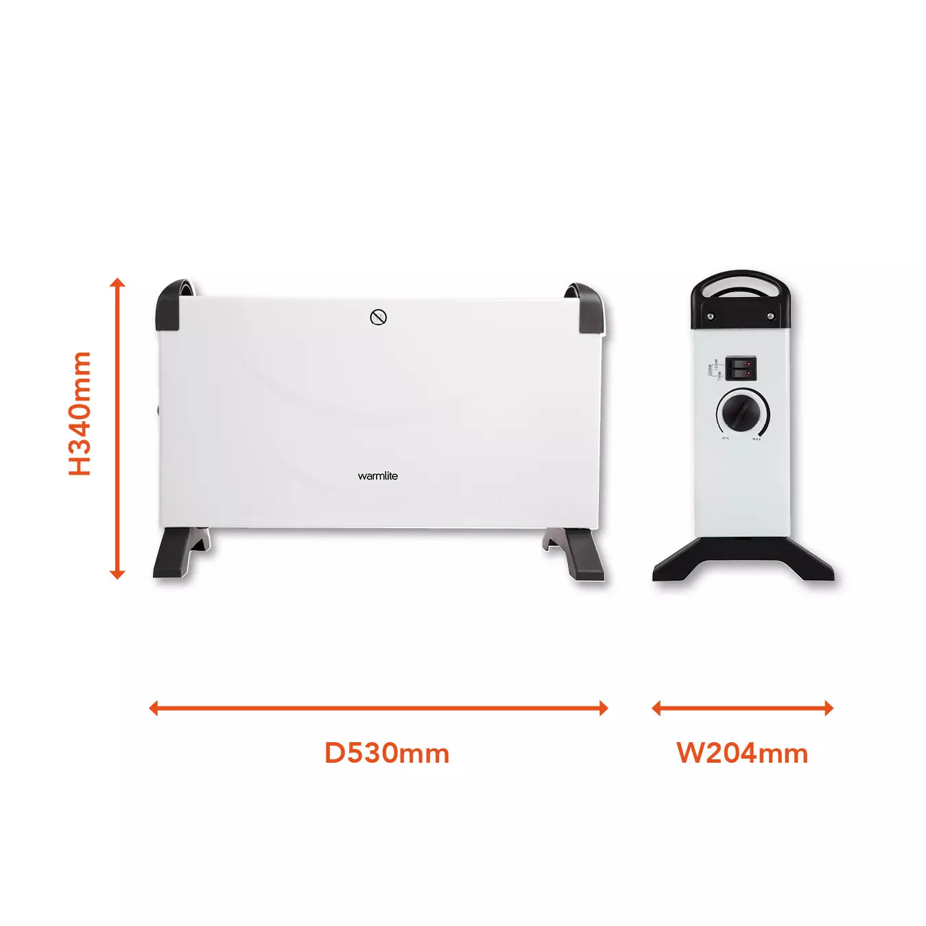 Warmlite WL41007 convection heater dimensions diagram - H340 x D530 x W204mm with control panel inset