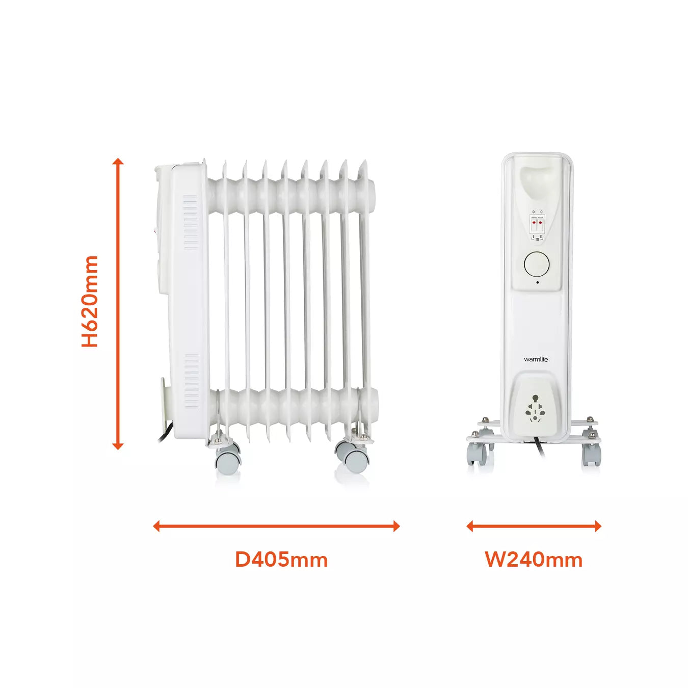 Warmlite WL43004YW oil filled radiator dimensions diagram - H620 x D405 x W240mm