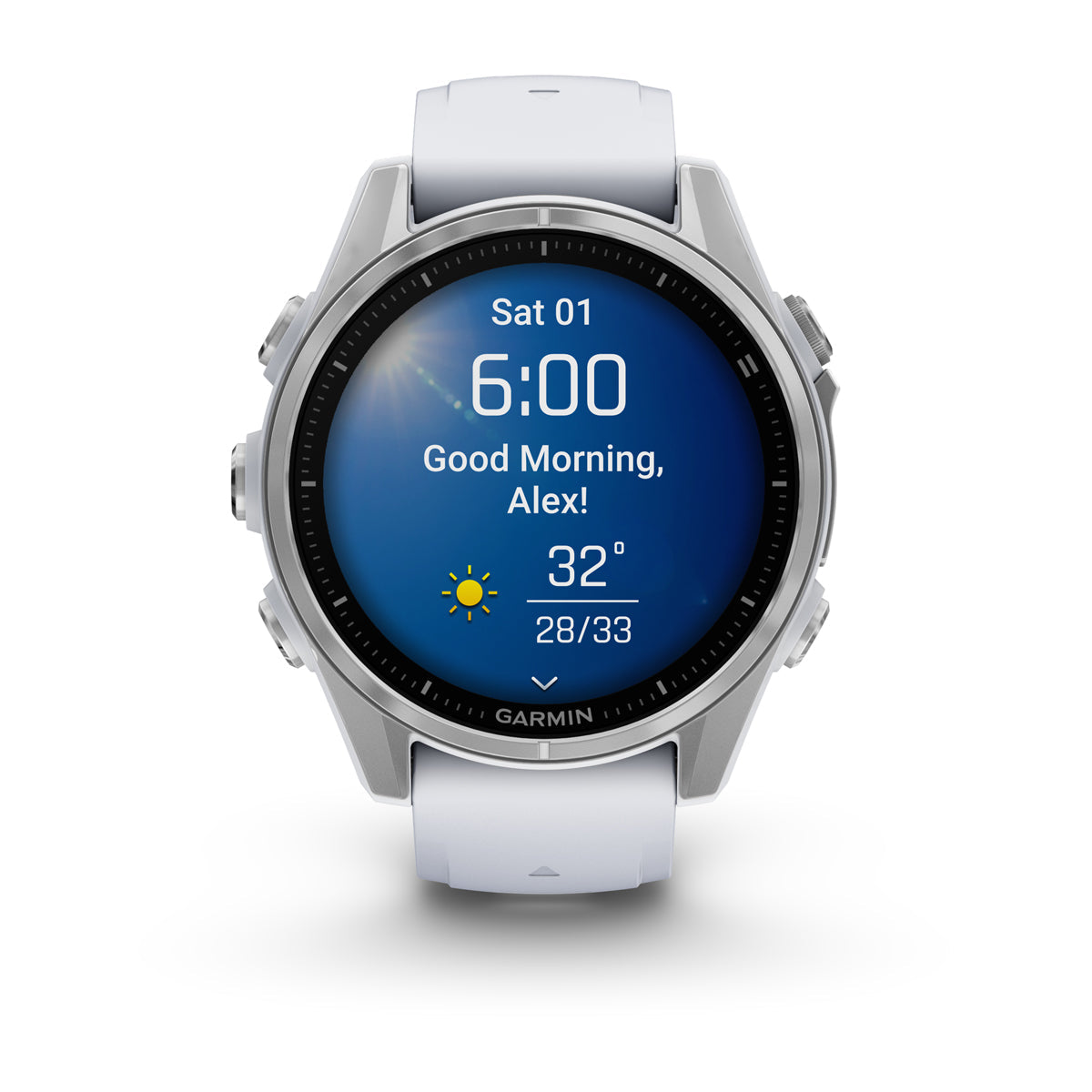 Garmin fenix 8 43mm AMOLED GPS Smartwatch - front view, screen on
