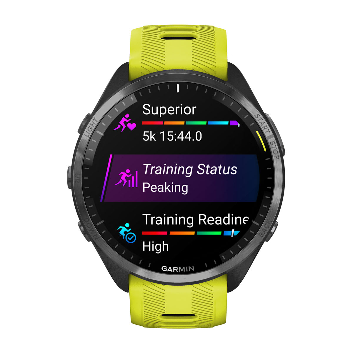 Garmin Forerunner 965 GPS Running Smartwatch - front view, screen on