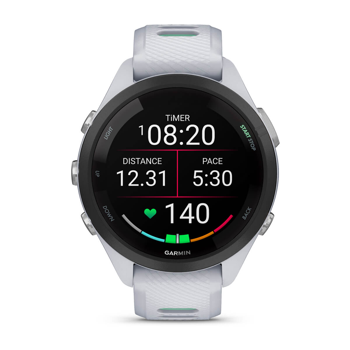 Garmin Forerunner 265S Music GPS Running Smartwatch - front view, screen on