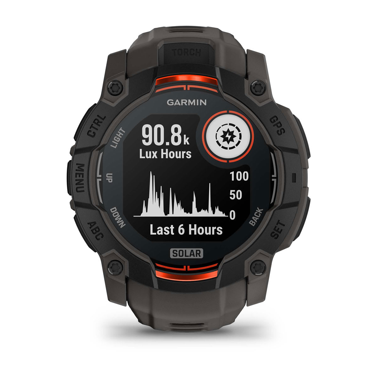Garmin Instinct 3 50mm Solar Rugged GPS Smartwatch - front view, screen on