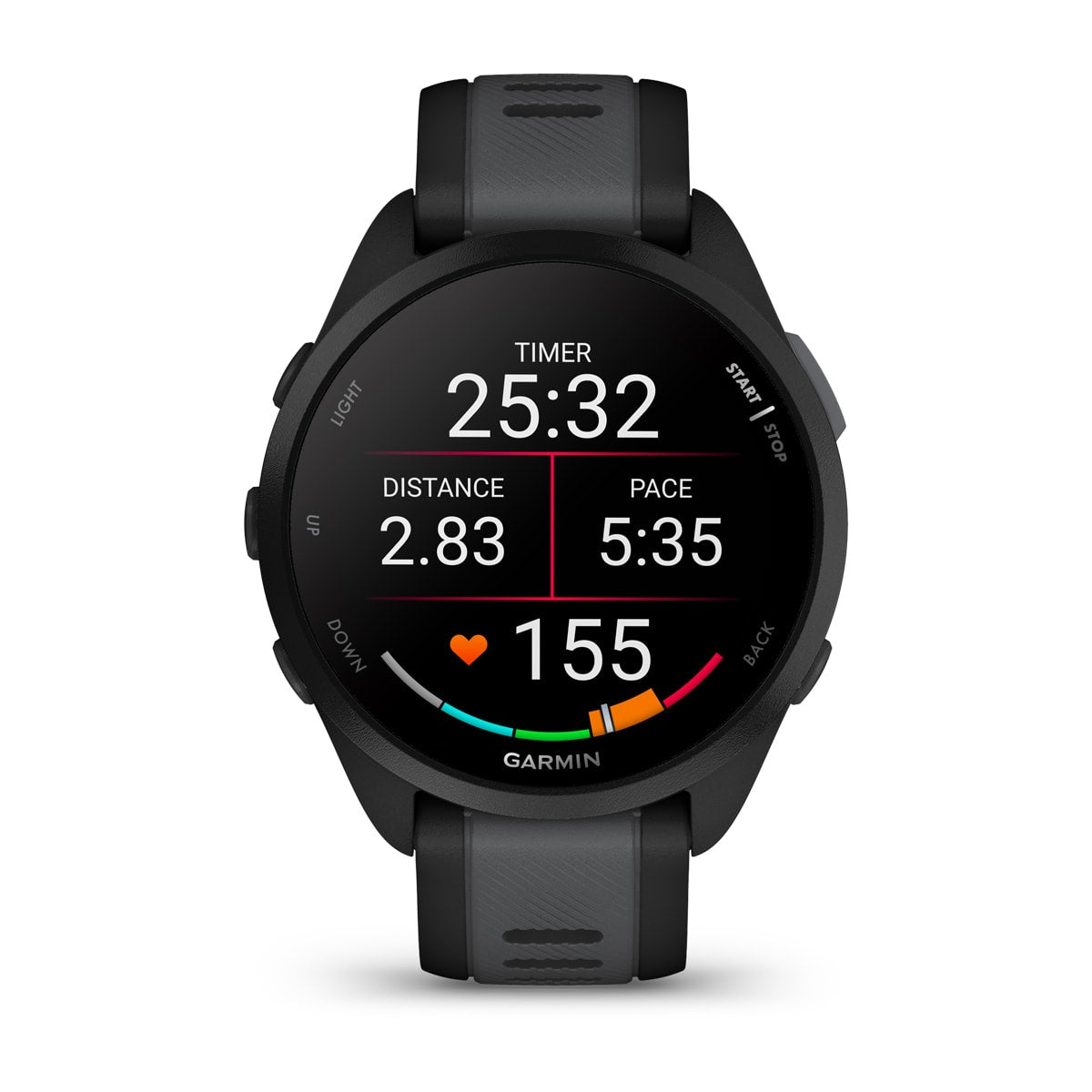 Garmin Forerunner 165 GPS Running Smartwatch - front view, screen on