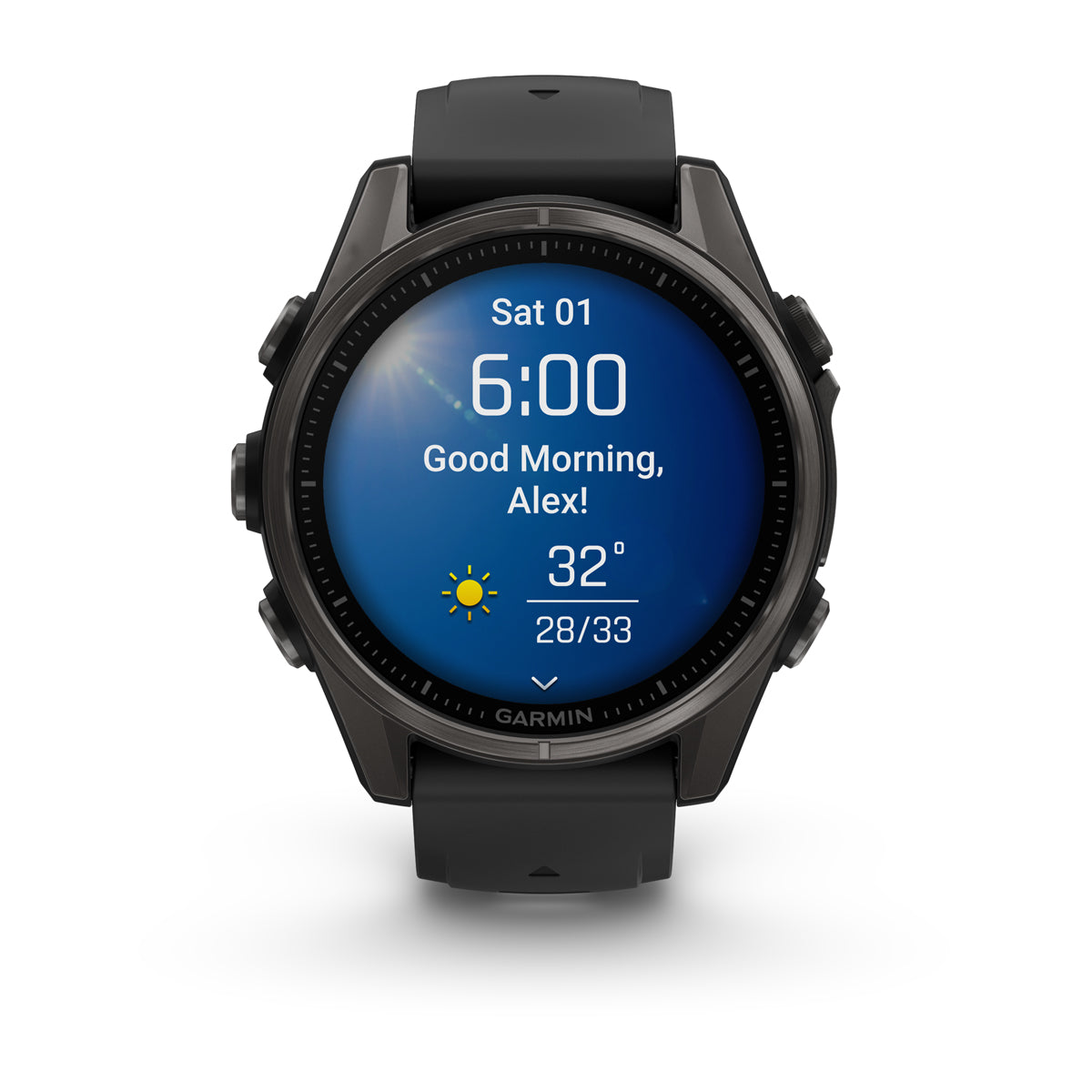 Garmin fenix 8 43mm AMOLED Sapphire GPS Smartwatch - front view, screen on