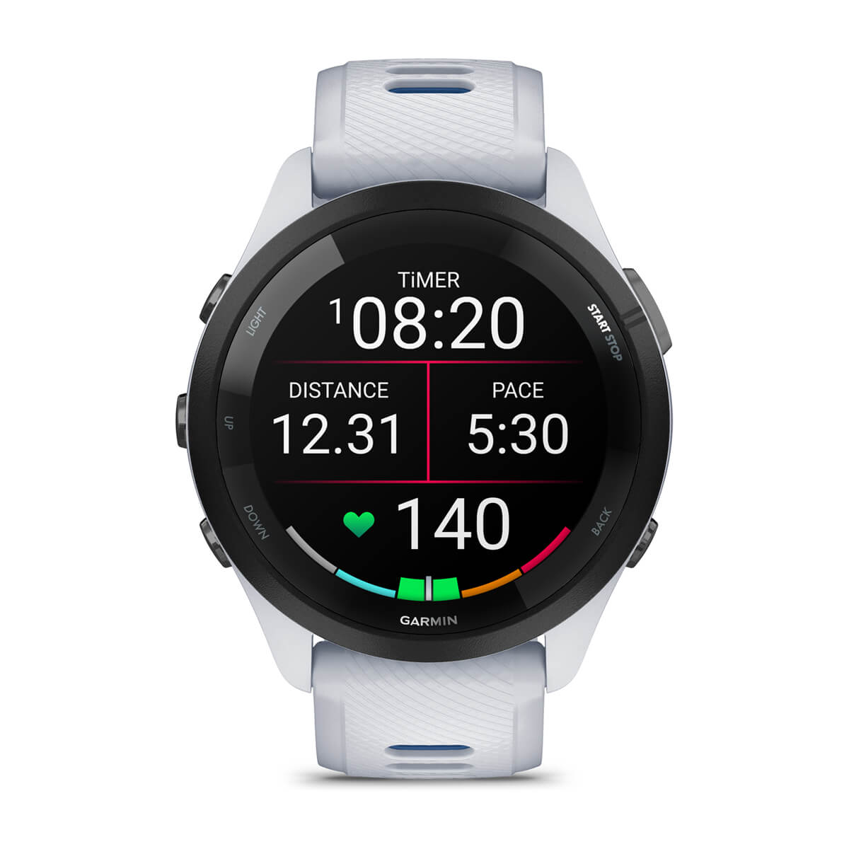 Garmin Forerunner 265 Music GPS Running Smartwatch - front view, screen on