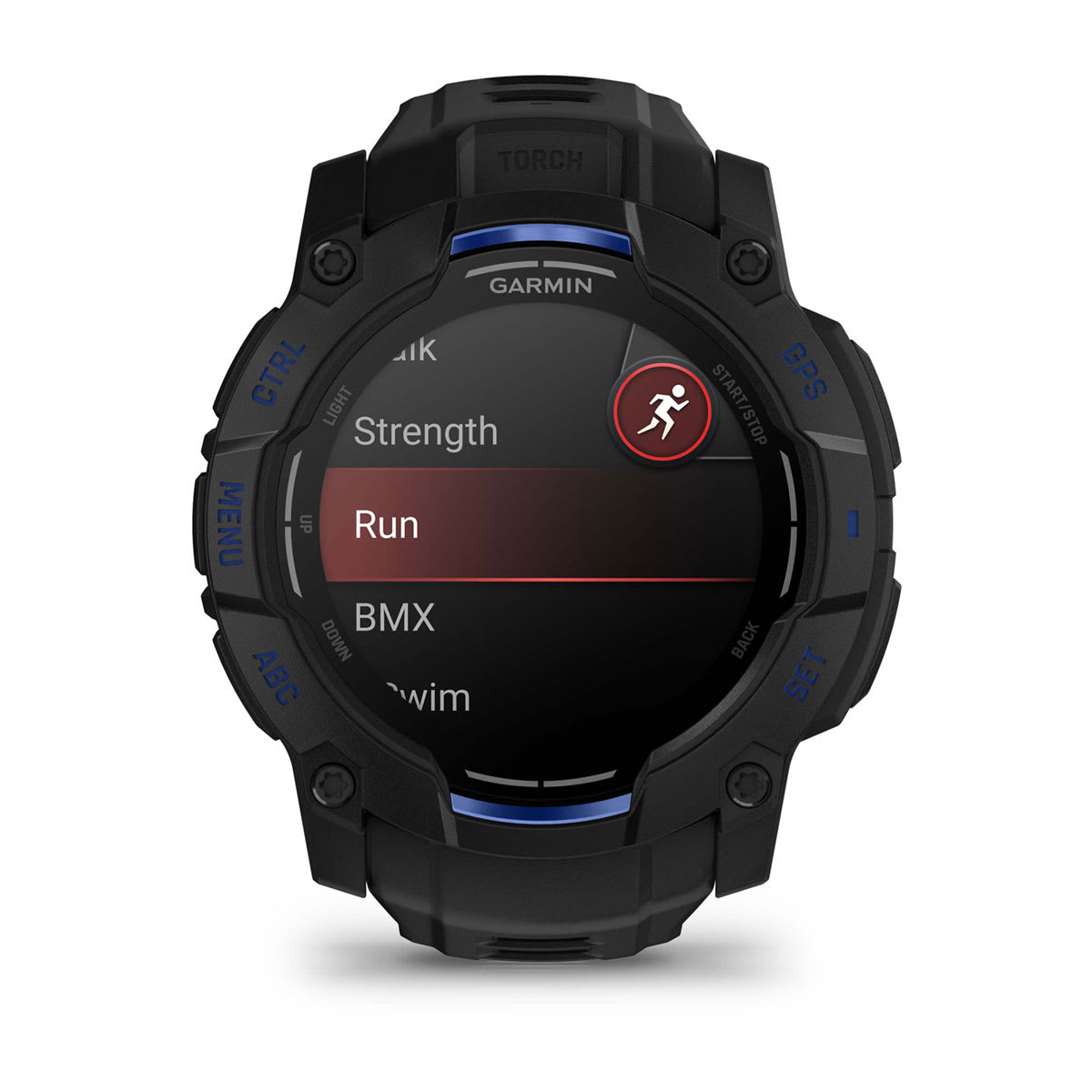 Garmin Instinct 3 50mm AMOLED Rugged GPS Smartwatch - front view, screen on