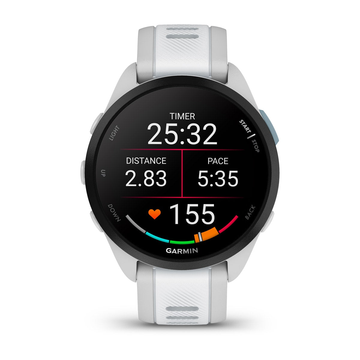 Garmin Forerunner 165 Music GPS Running Smartwatch - front view, screen on