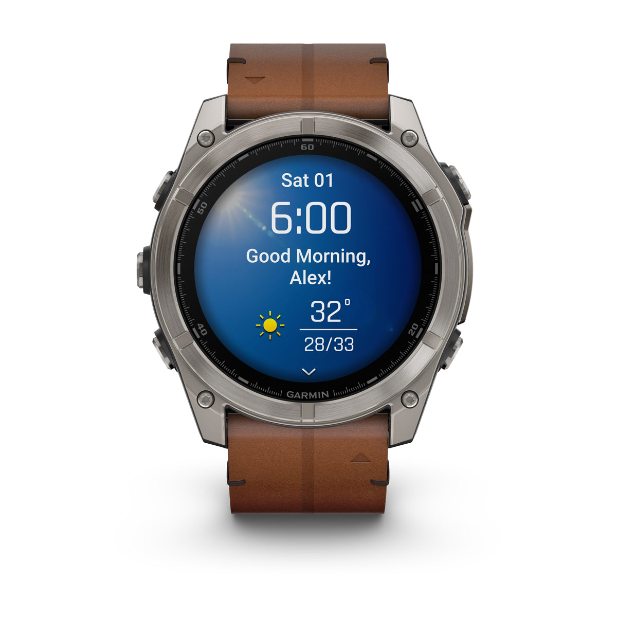 Garmin fenix 8 51mm AMOLED Sapphire GPS Smartwatch - front view, screen on