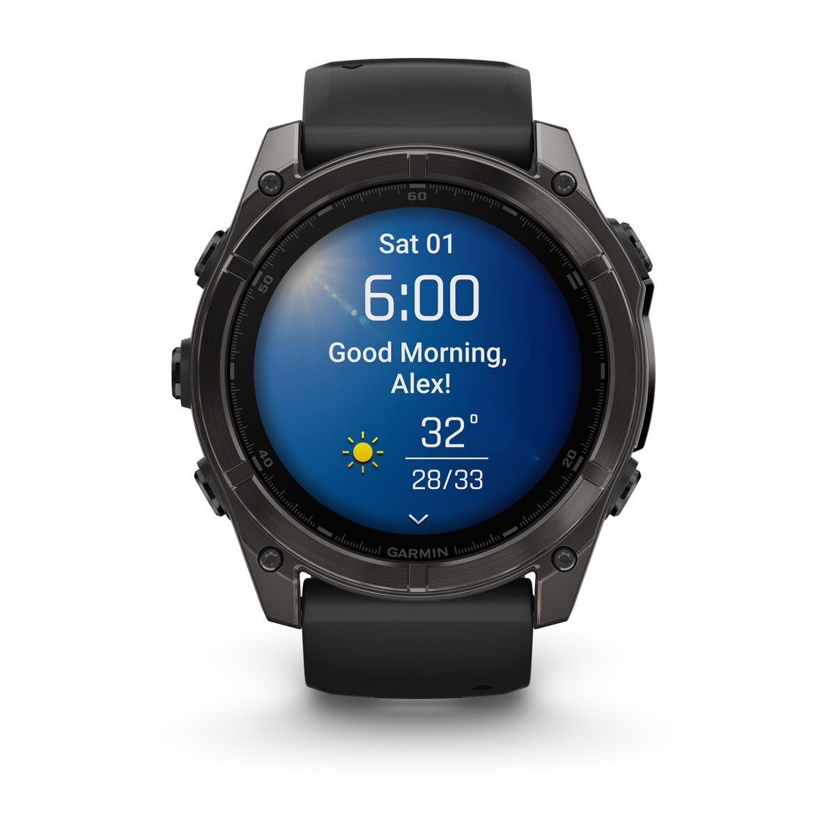 Garmin fenix 8 51mm AMOLED Sapphire GPS Smartwatch - front view, screen on