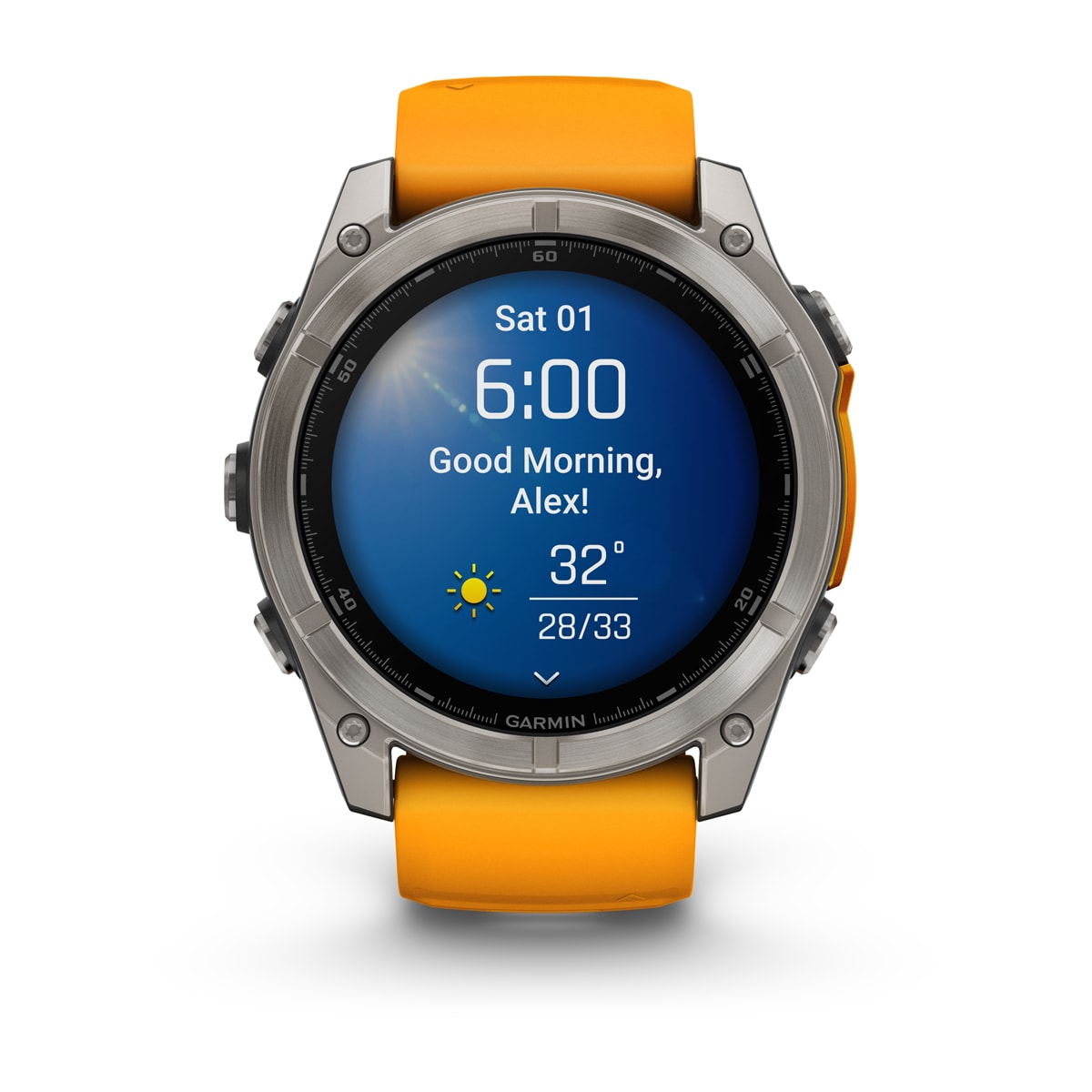 Garmin fenix 8 51mm AMOLED Sapphire GPS Smartwatch - front view, screen on