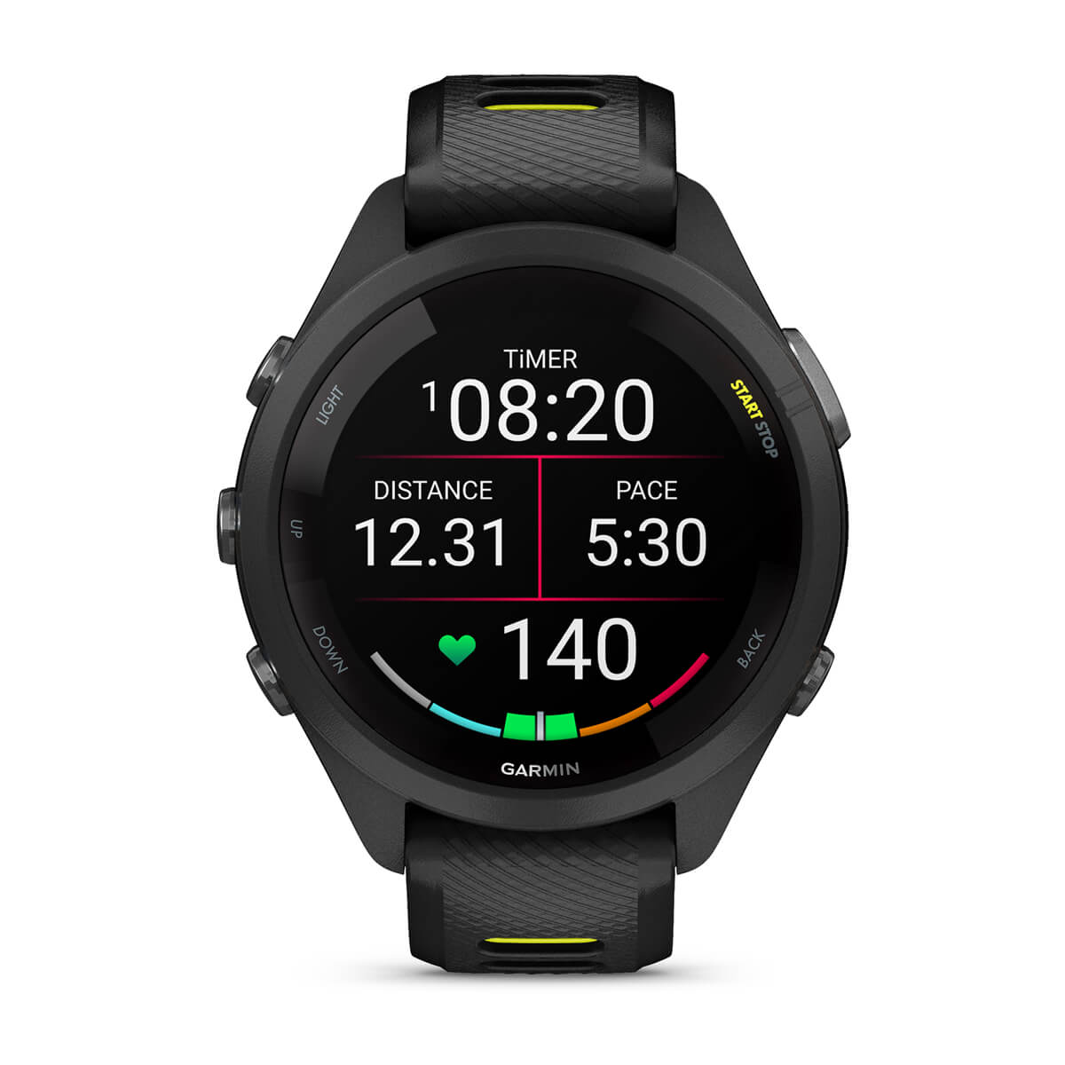 Garmin Forerunner 265S Music GPS Running Smartwatch - front view, screen on