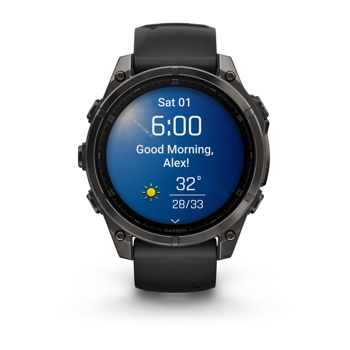 Garmin fenix 8 47mm AMOLED Sapphire GPS Smartwatch - front view, screen on