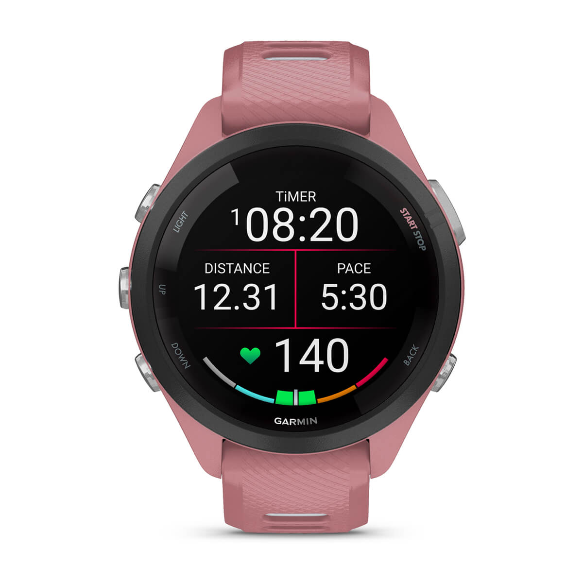Garmin Forerunner 265S Music GPS Running Smartwatch - front view, screen on