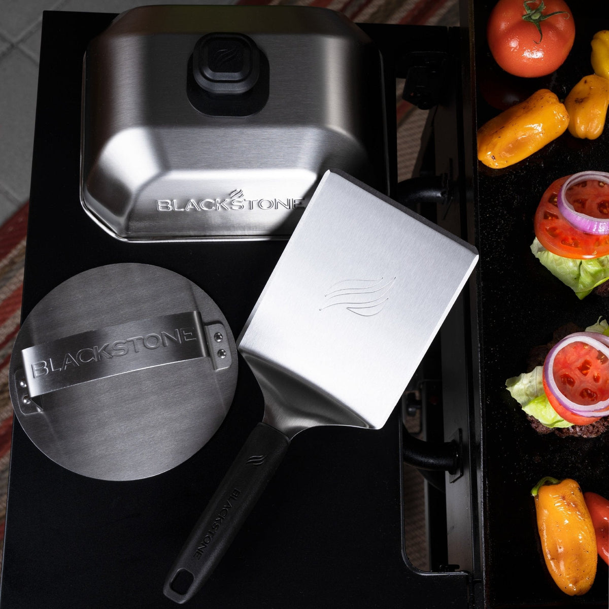 Blackstone 3 Piece Hamburger Kit - tools beside the griddle