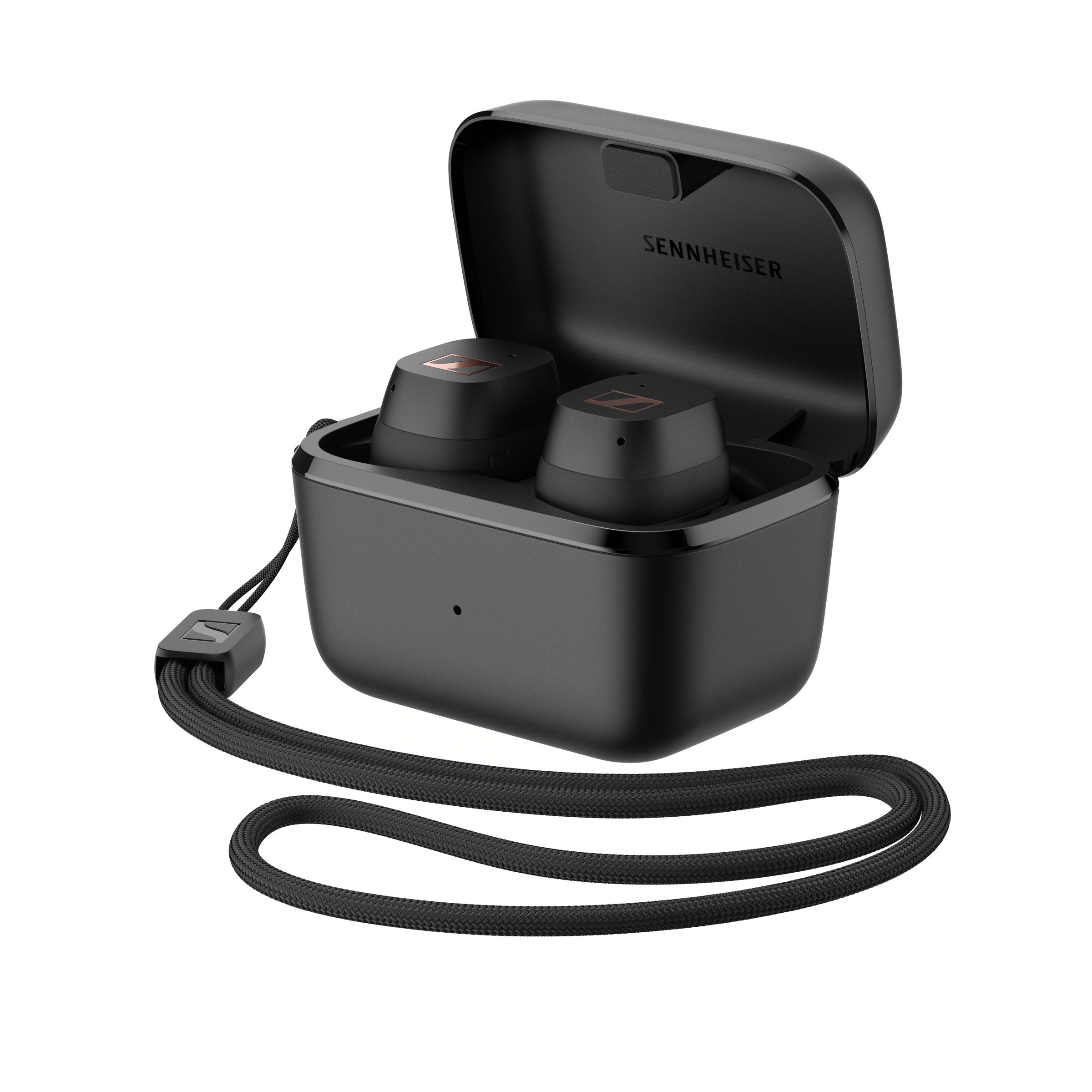 Sennheiser SPORT True Wireless Earphones Black — charging case open with sport lanyard