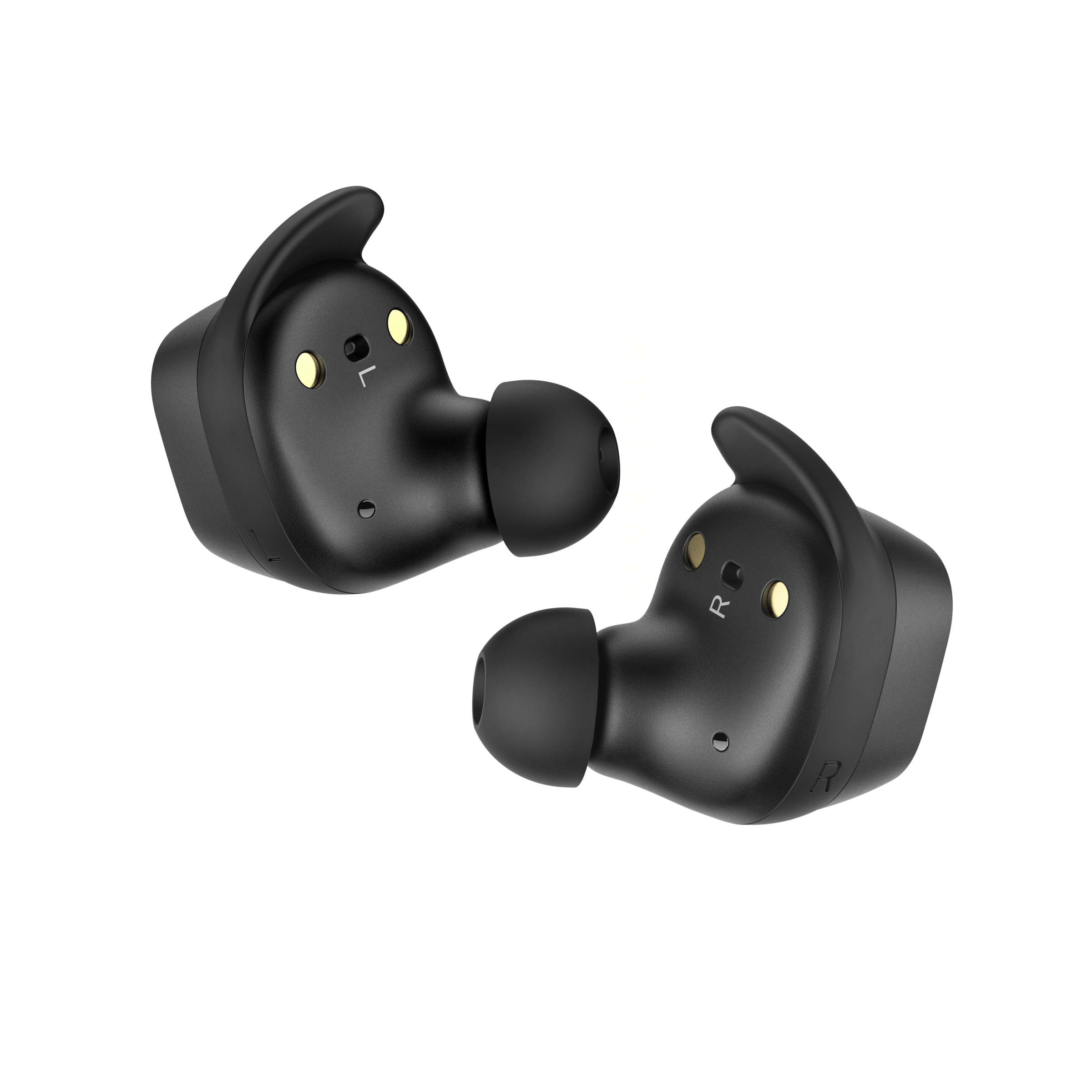 Sennheiser SPORT True Wireless Earphones Black — studio pair, back view showing L/R markings
