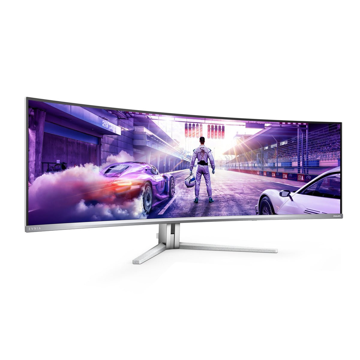 Philips Evnia 49M2C8900L 49" QD-OLED 144Hz Curved Super Ultrawide Gaming Monitor - front view angled